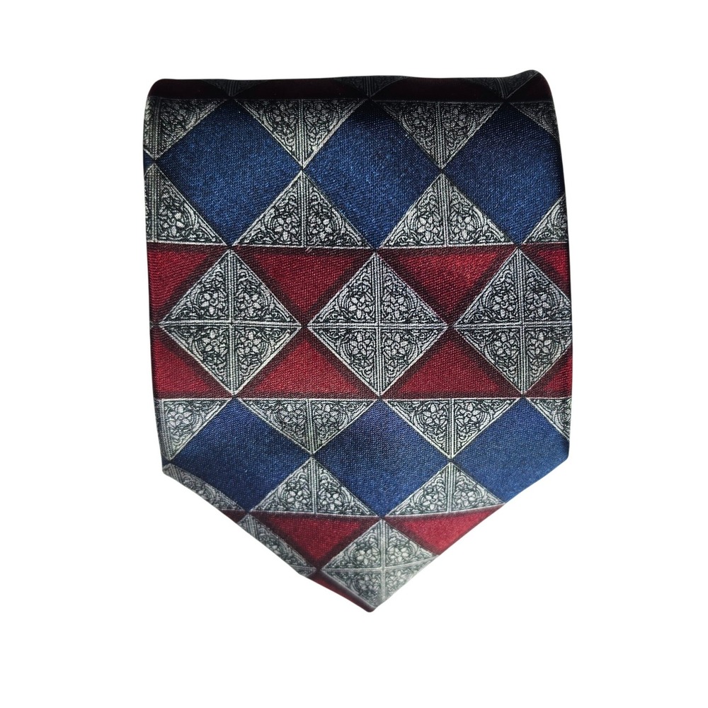Puritan Necktie Mens Blue Red Silver Geometric Diamond Filigree Special Edition